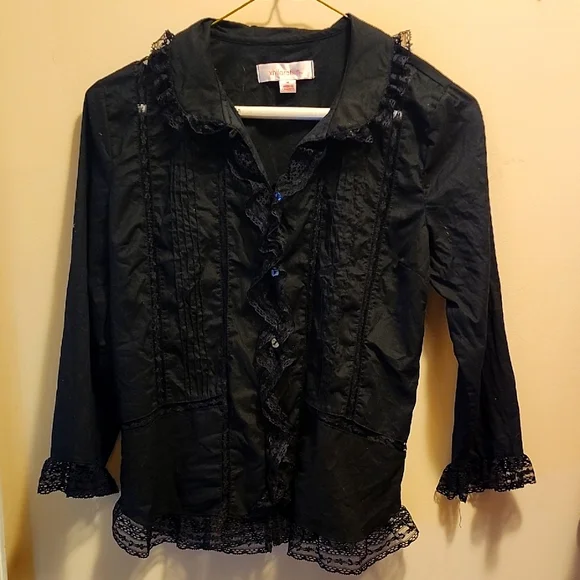 2000s Black Lace Trim Blouse - Picture 1 of 1